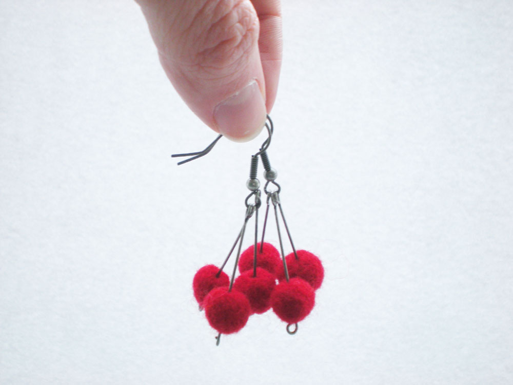 Red Berry Earrings - Needle Felted Red Ball Earrings