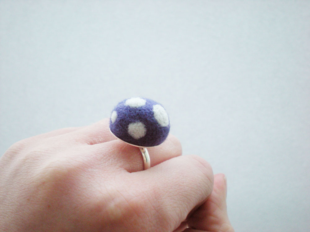 Felt Mushroom Ring - Needle Felted Purple and White Spot Ring