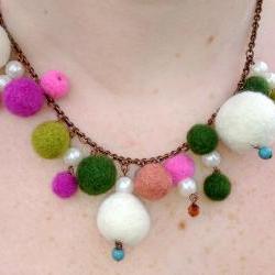 Pink and Green Felt Ball Necklace