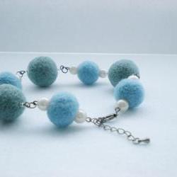 Baby Blue and Turquoise Felt Ball Bracelet - Needle Felted Ball Jewellery