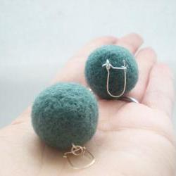 Dark Duck Egg Blue Felt Ball Earrings - Needle Felted Earrings
