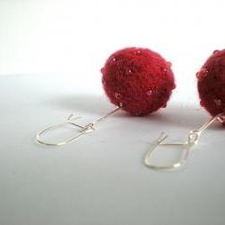 Christmas Bauble Earrings - Needle Felted Red/Pink Balls